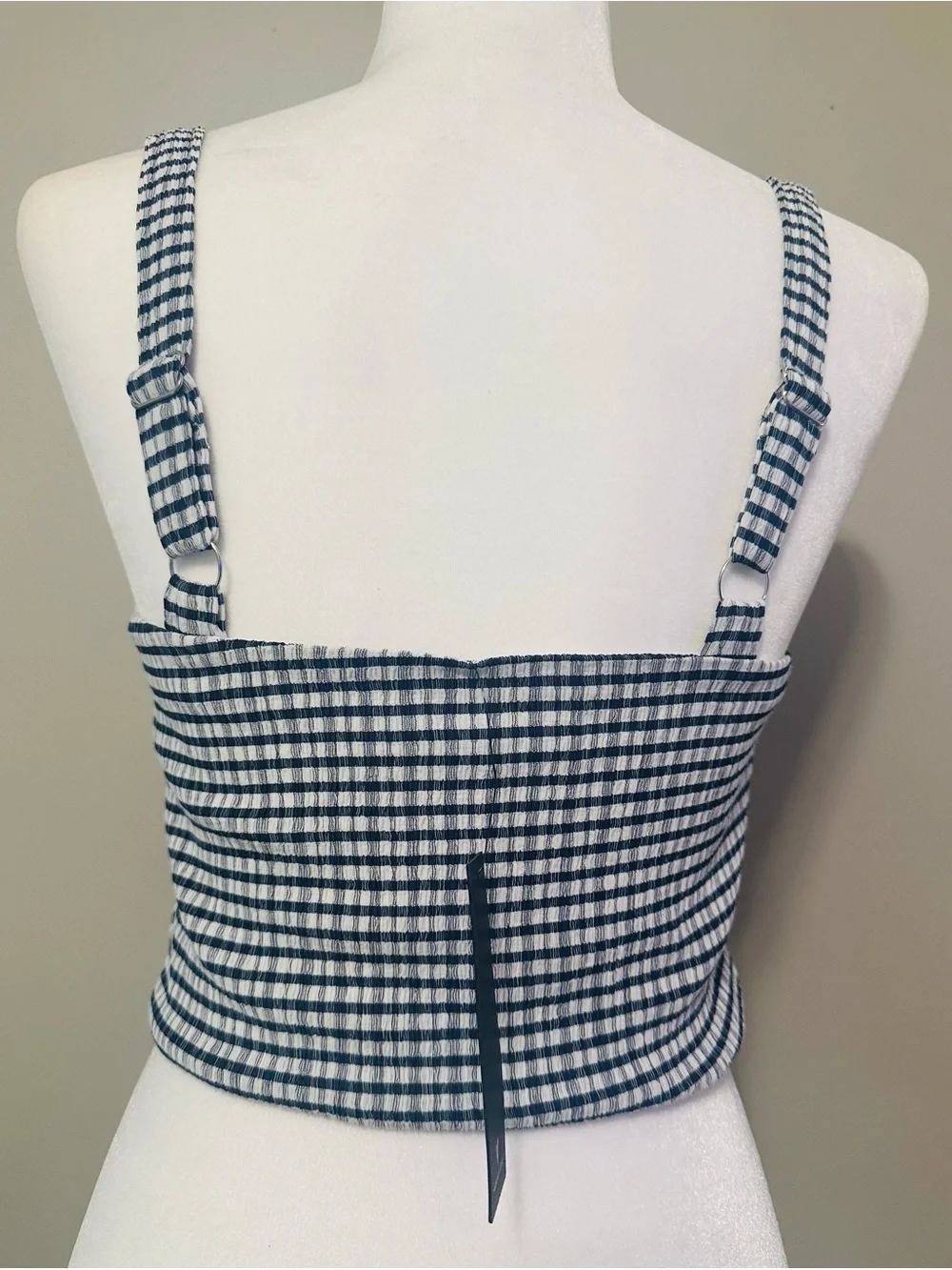 NWT Navy Blue Gingham Square Neck Cropped Tank Top - Medium